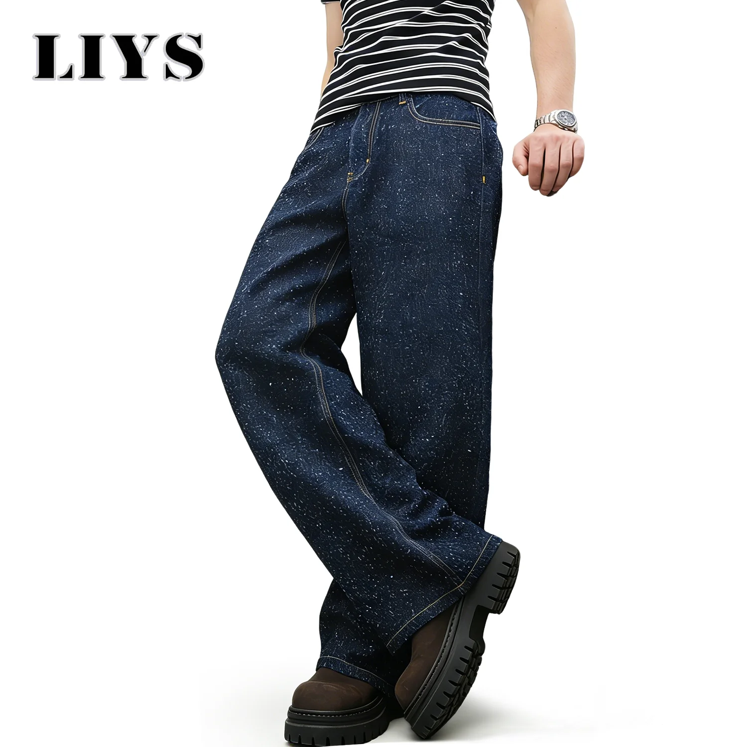 LIYS Men's American Loose Casual High Street Niche Hook Flower Wide Leg Denim Pants High-End Street Style Straight Leg Pants