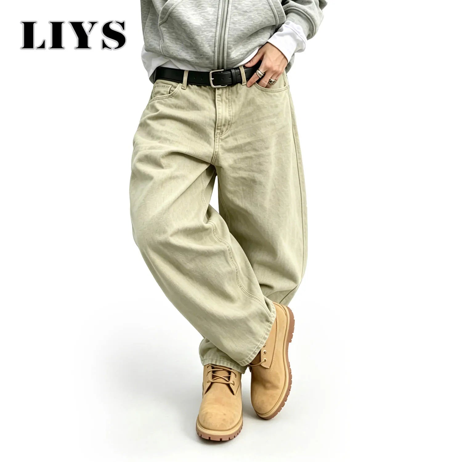 LIYS Men's American Retro Light Khaki Wide Leg Curved Jeans Loose Straight Tube Washed Work Pants High Street Fashion Versatile