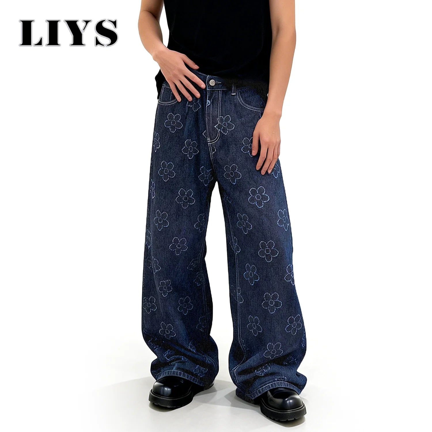 LIYS Japanese-Korean Style Men's Baggy Jacquard Wide-leg Jeans With Floral Crochet Fabric American Retro Style Unisex Pants