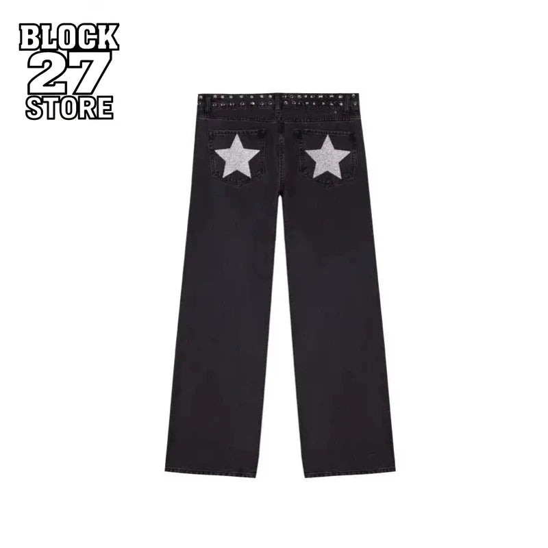 Mens Jeans Gothic Five Pointed Star Sequined Rivet Baggy Denim American Fashion Casual Mid Rise Slim Trousers Harajuku Style New