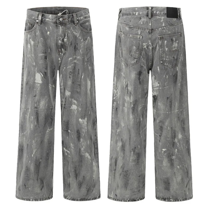 Mens Jeans Harajuku American Vintage Streetwear Snow Gray Washed Denim Pants Loose Fit Straight Wide Leg Casual Retro Trend New