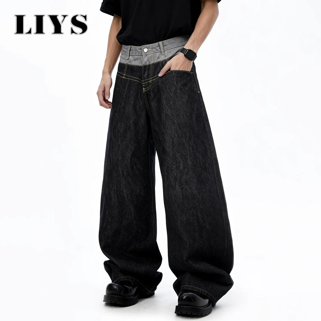 Men's Retro Double Waist Design Baggy Wide Leg Jeans Street Design Denim Pants Gothic loose Machete Wide Leg Jean Unisex Clothes