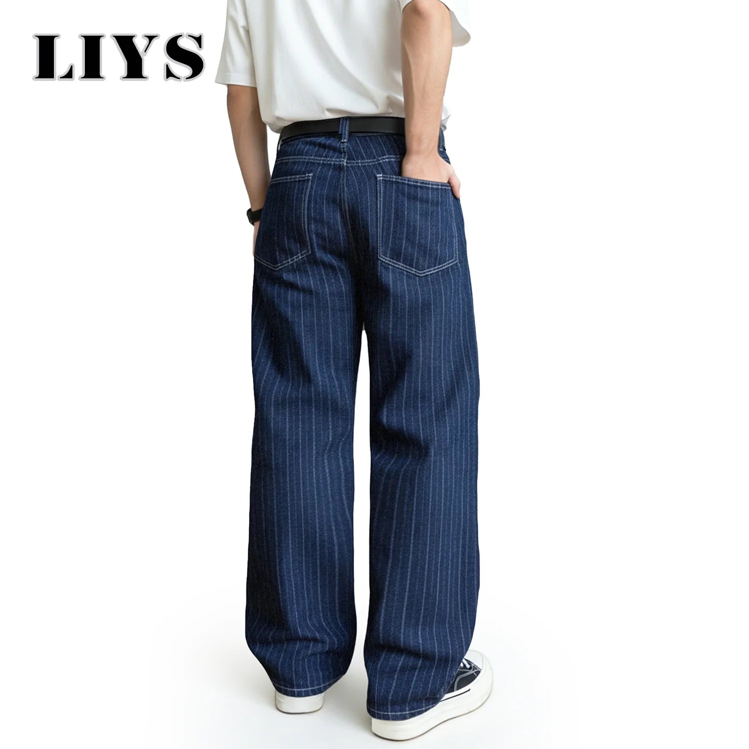 LIYS Japanese-Korean Style Striped Pair Jacquard Straight Leg Men's Jeans American Retro Striped Business Straight Denim Pants