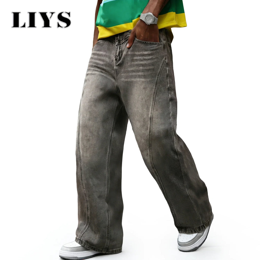 LIYS Men's American Retro Washed Ultra Baggy Wide Leg Jeans Four Seasons Split Splicing Denim Pants Unisex Denim Mopping Pants