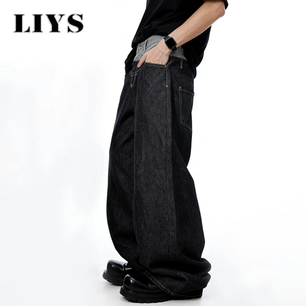 Men's Retro Double Waist Design Baggy Wide Leg Jeans Street Design Denim Pants Gothic loose Machete Wide Leg Jean Unisex Clothes
