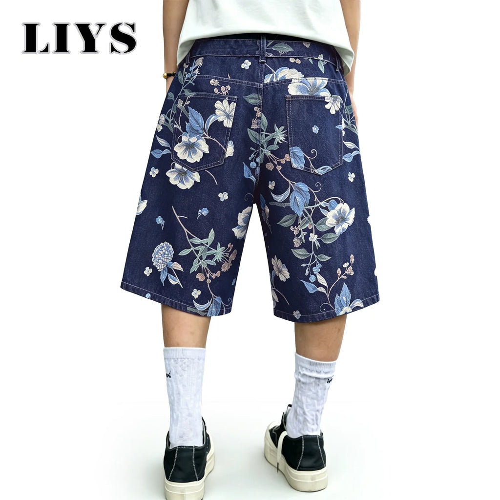 LIYS Japanese Korean Floral Print Jacquard Baggy Wide-leg Jeans Shorts American Street Fashion Shorts Elegant College Style ﻿