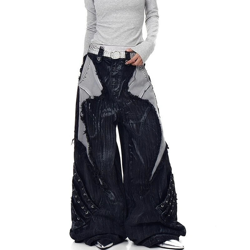 Mens Jeans Harajuku American Vibe Heavy Studded Denim Pants Plus Size Frayed Patchwork Wide Leg Floor Length Streetwear Fashion