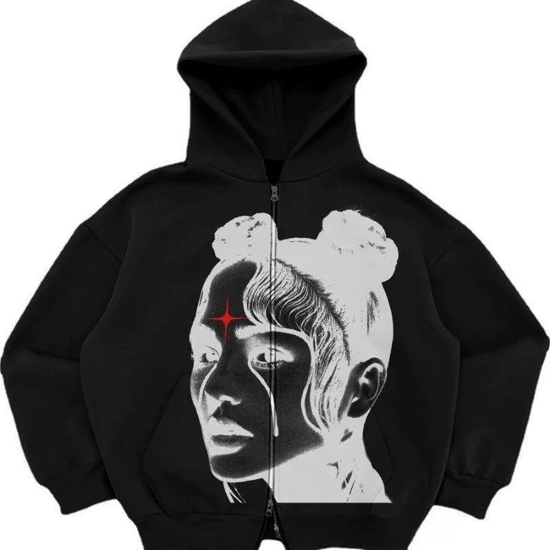 Y2K Zip Up Hoodie Men Streetwear Loose Fit Hooded Sweatshirt Pocket Design Street Style Casual Sport Retro Fashion Autumn Winter