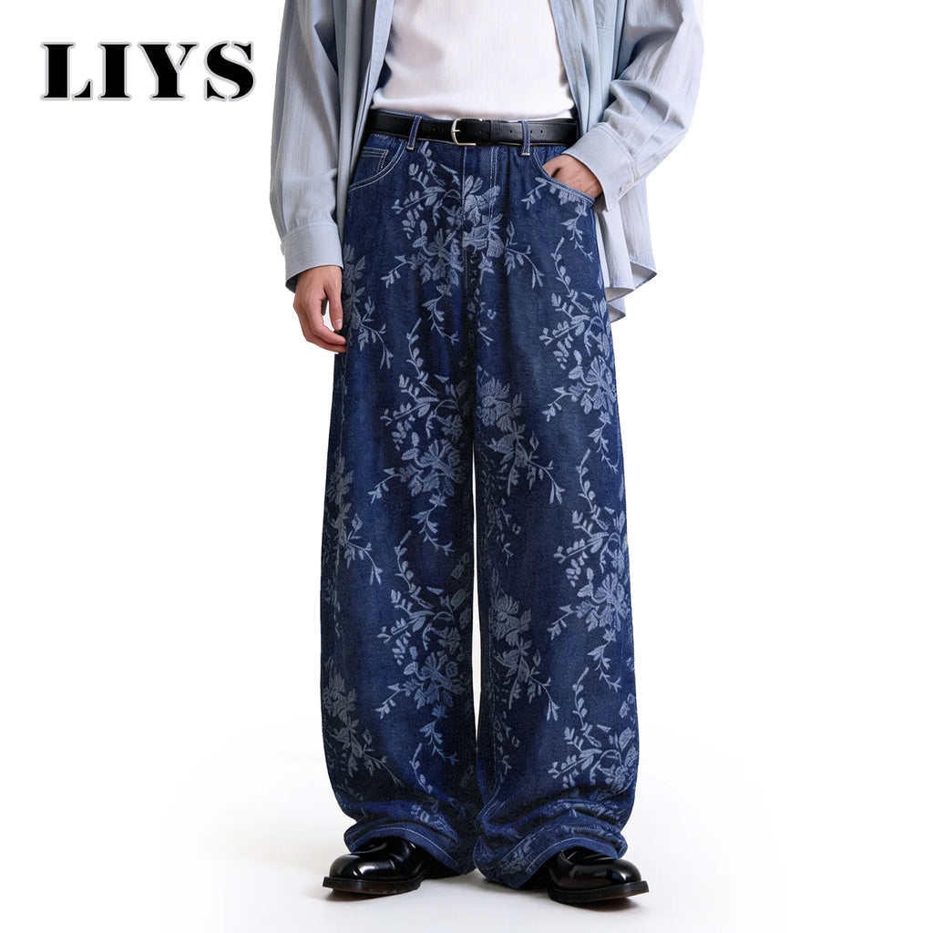 LIYS Japanese Korean Style Orchid Jacquard Fabric Baggy Wide-leg Jeans American Retro Jacquard Wide-leg Casual Denim Pants