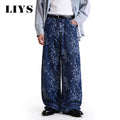 LIYS Japanese Korean Style Orchid Jacquard Fabric Baggy Wide-leg Jeans American Retro Jacquard Wide-leg Casual Denim Pants