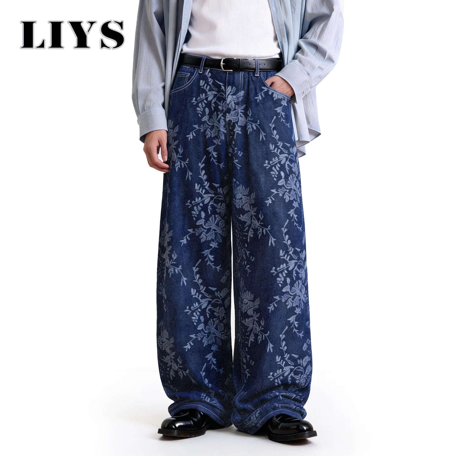 LIYS Japanese Korean Style Orchid Jacquard Fabric Baggy Wide-leg Jeans American Retro Jacquard Wide-leg Casual Denim Pants