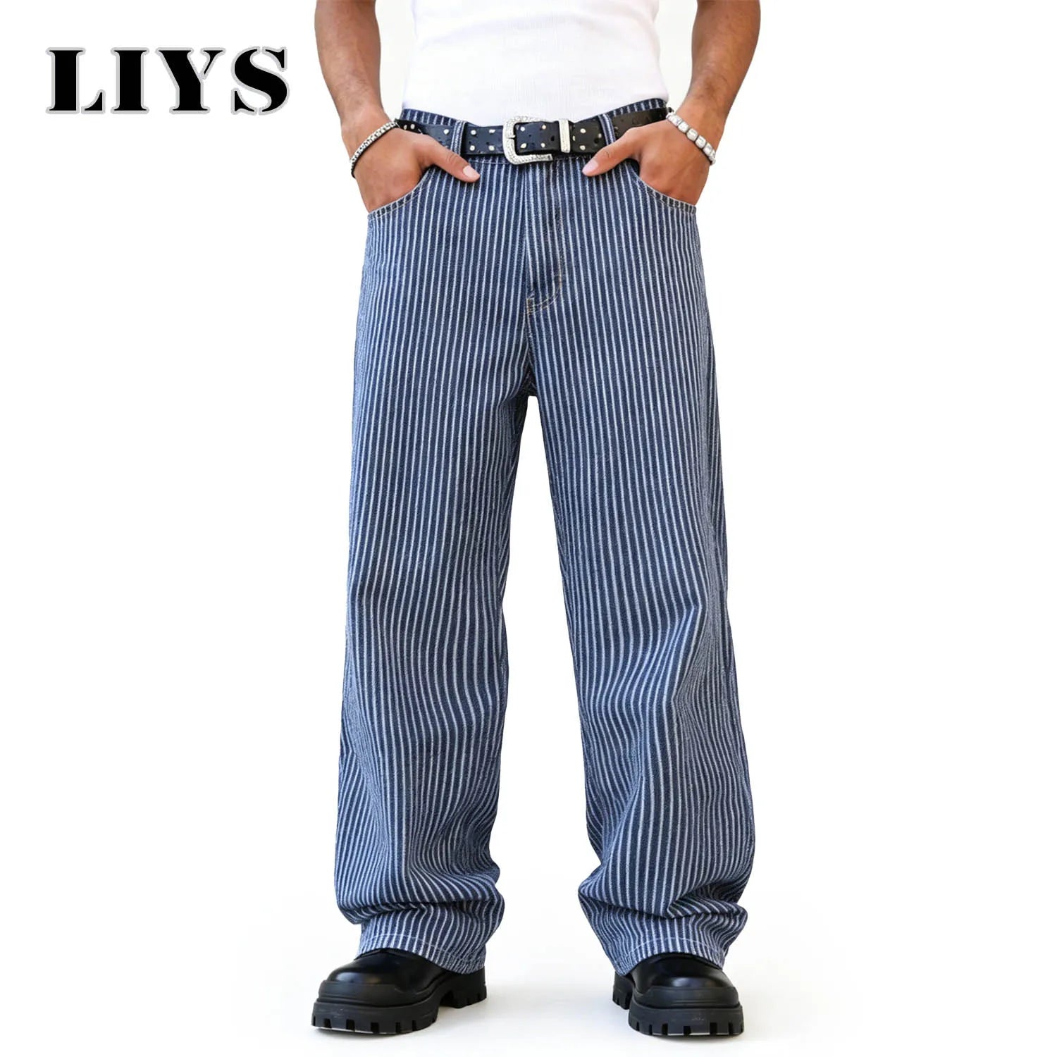 LIYS Men's American Fashion Brand Classic Retro Striped High Street Casual Lazy Business Wide Leg Straight Leg Jeans Oversized