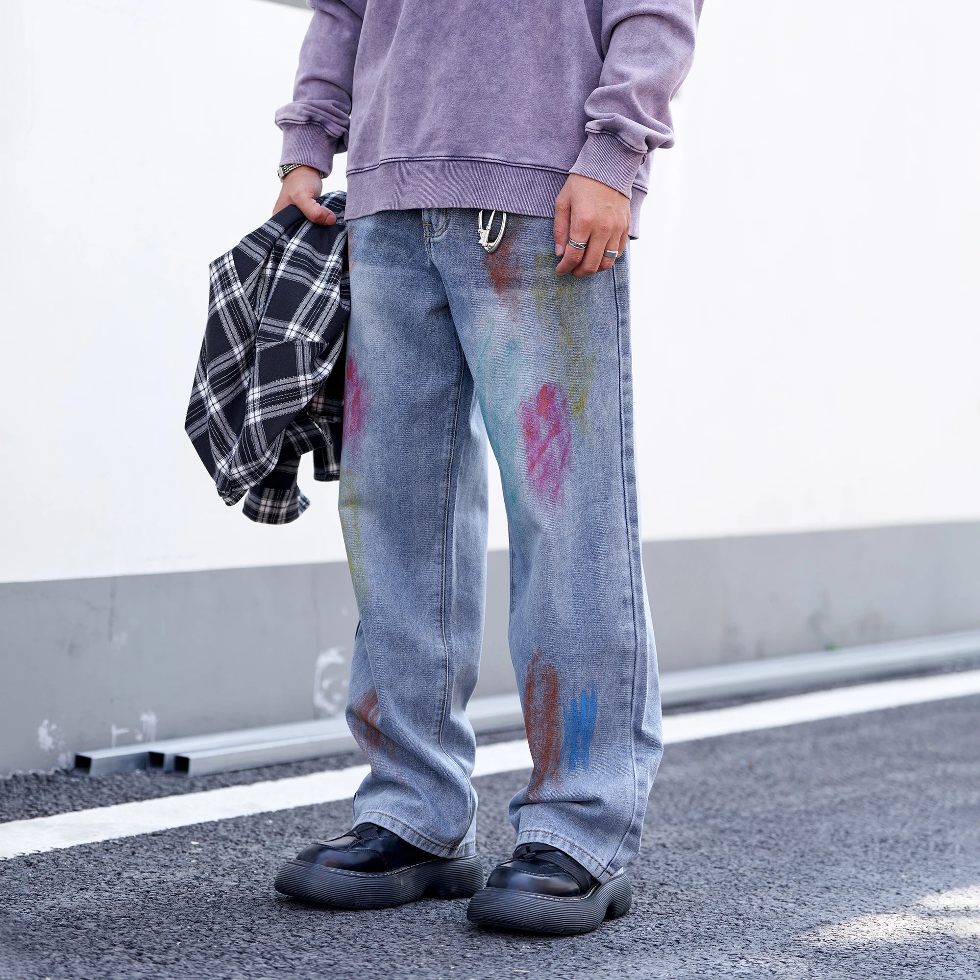 Men's Blue Baggy Inkjet Jeans Trendy Color Personalized Graffiti Loose Water Washed Wide Leg Straight Tube Casual Men's Jeans
