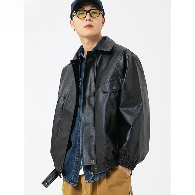 Mens Jacket Harajuku Spring Autumn Faux Leather Coat Lapel Solid Color Plus Size Loose Fit Hong Kong Style Streetwear Fashion