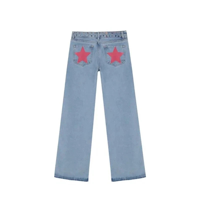 Mens Jeans Gothic Five Pointed Star Sequined Rivet Baggy Denim American Fashion Casual Mid Rise Slim Trousers Harajuku Style New