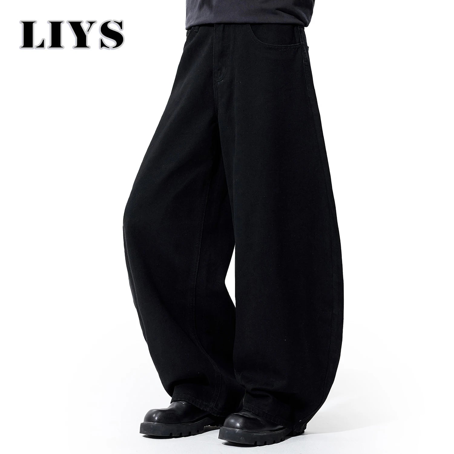 Liys Men's Black Ultra Wide Leg Jeans Baggy Fitting Denim Pants Man Solid Streetwear Daily Casual Fashion Lantern Balloon Jeans