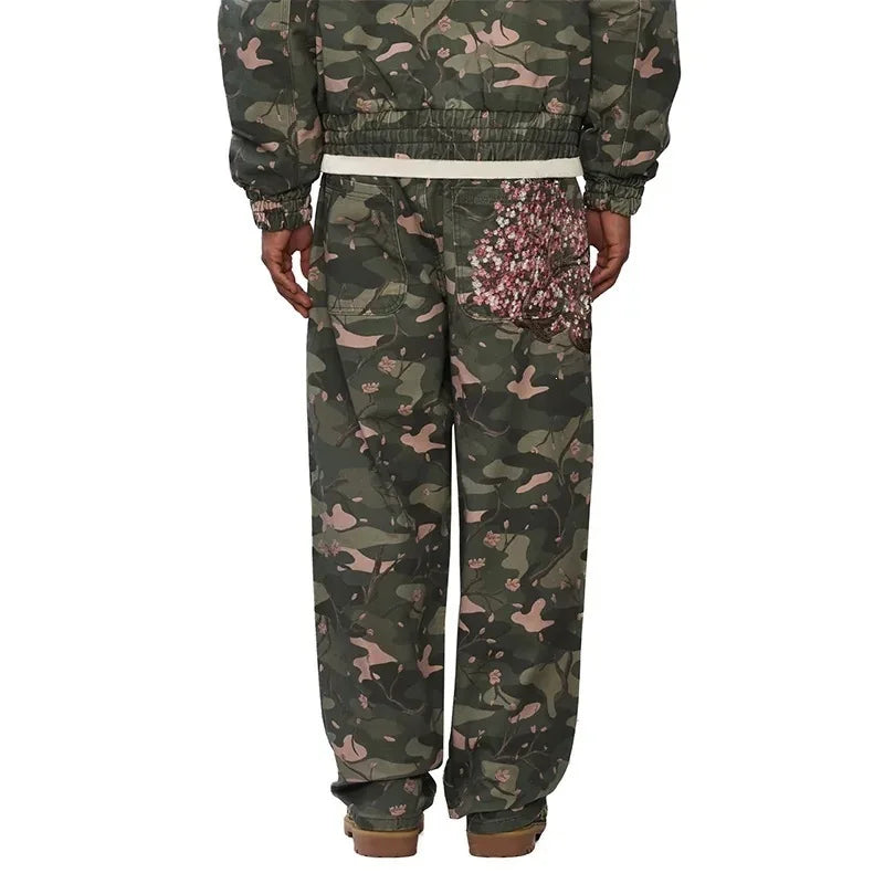 Mens Jeans Y2K Sakura Embroidery Camo Denim Pants Harajuku Unisex Loose Fit Straight Leg Wide Streetwear Fashion Trend Arrival
