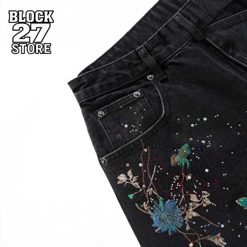 Hip Hop Vintage Floral Embroidered Jeans Unisex Y2k Streetwear High Street Loose Wide Leg Denim Pants Casual Harajuku Trousers