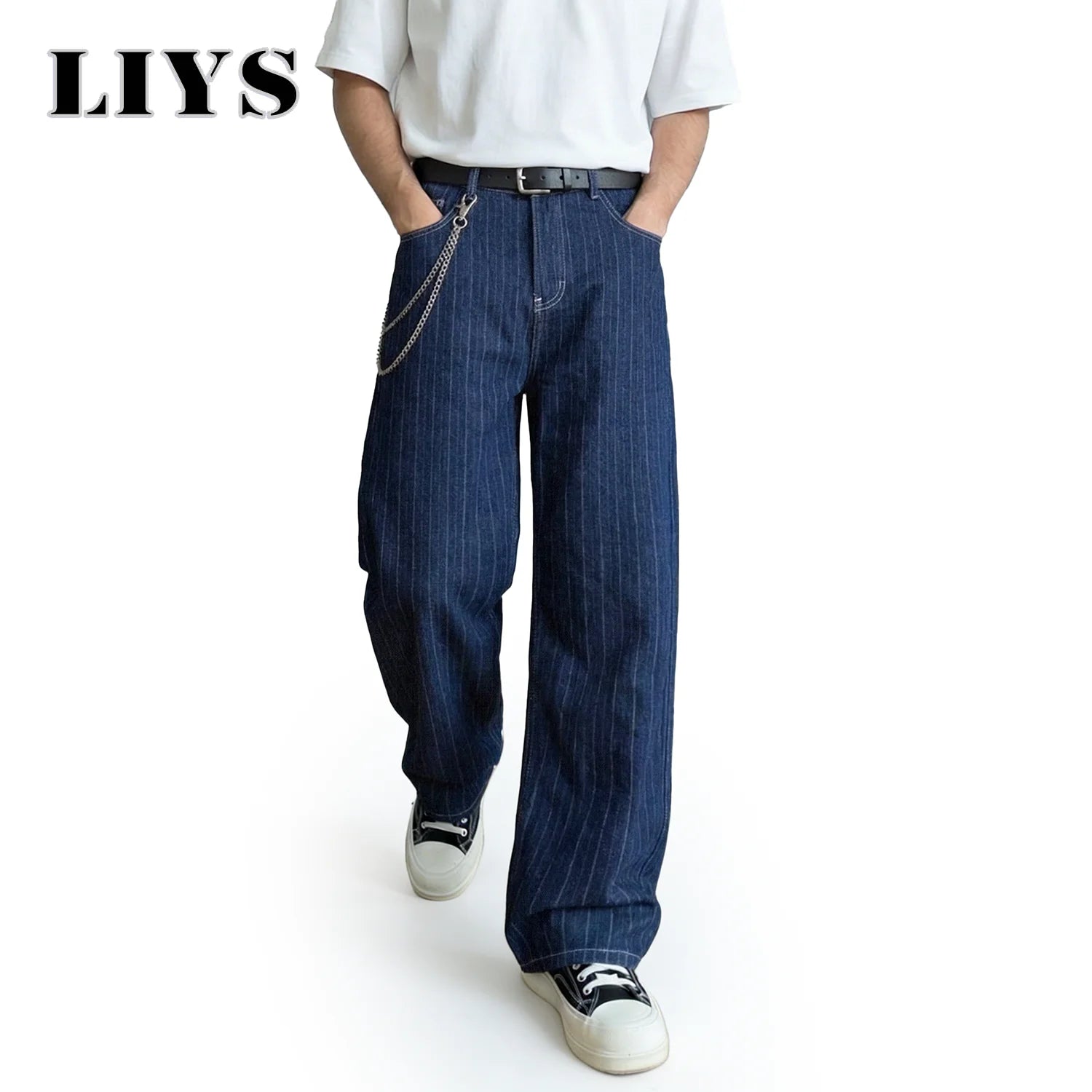 LIYS Japanese-Korean Style Striped Pair Jacquard Straight Leg Men's Jeans American Retro Striped Business Straight Denim Pants