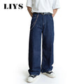 LIYS Japanese-Korean Style Striped Pair Jacquard Straight Leg Men's Jeans American Retro Striped Business Straight Denim Pants