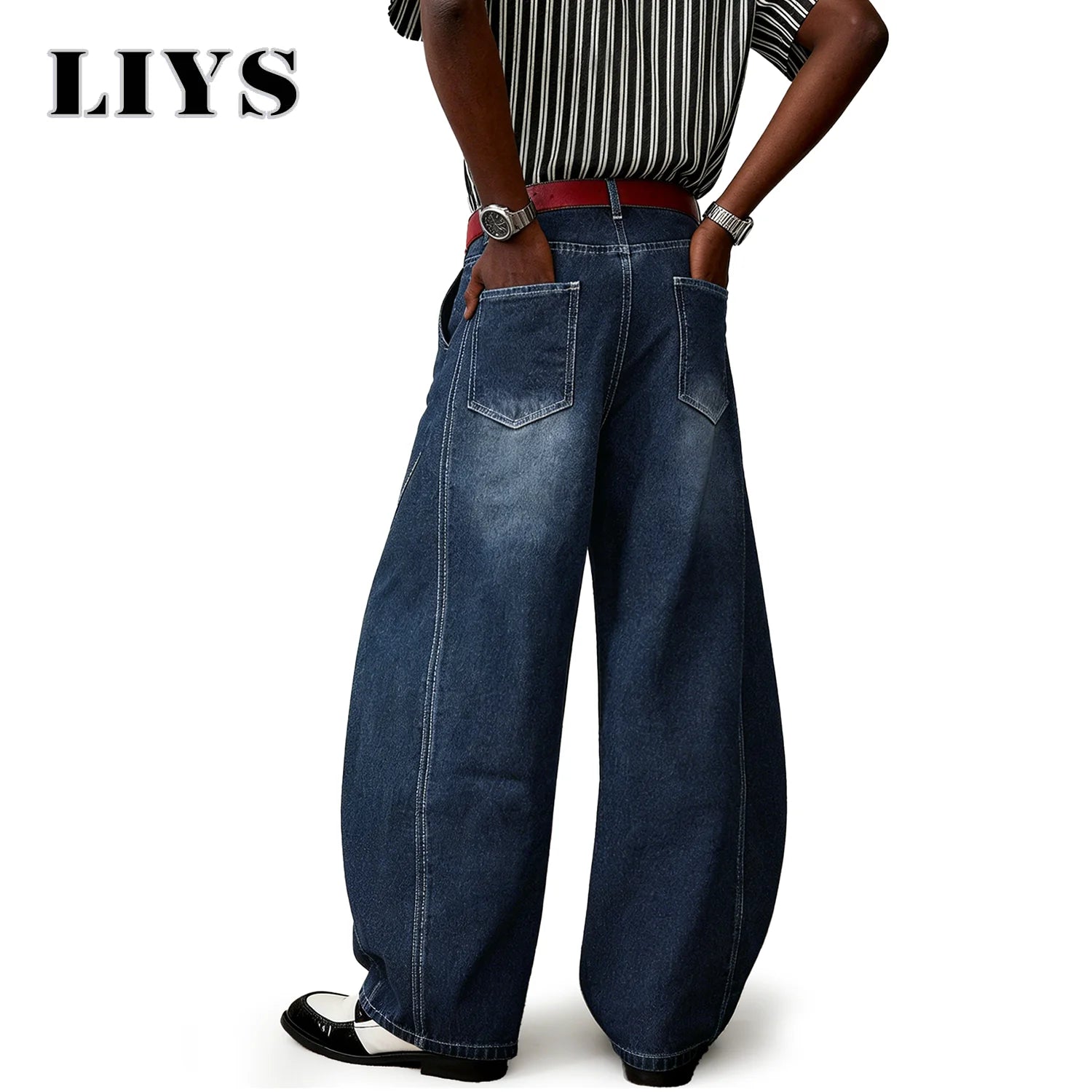 LIYS American Blue Splicing Ultra Baggy Wide Leg Jeans Spring Summer Retro Mid Split Rivet Denim Pants Lantern Balloon Pants ﻿