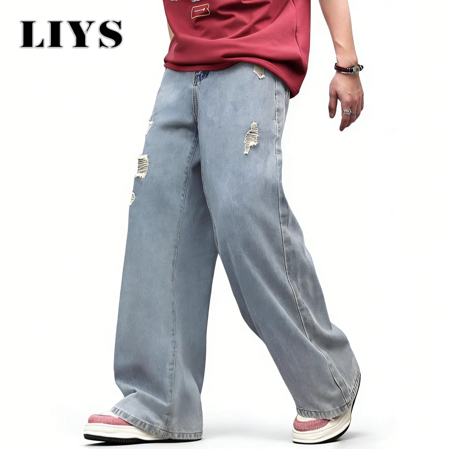 LIYS American Retro Men's Ultra Baggy Wide Leg Jeans High Street Oversized Loose Ripped Denim Pants Light Color Simple Jeans