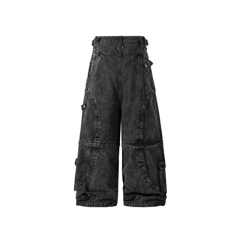 Mens Jeans Harajuku American High Street Streetwear Multi Pocket Detachable Denim Pants Distressed Metal Ring Wide Leg Cargo New