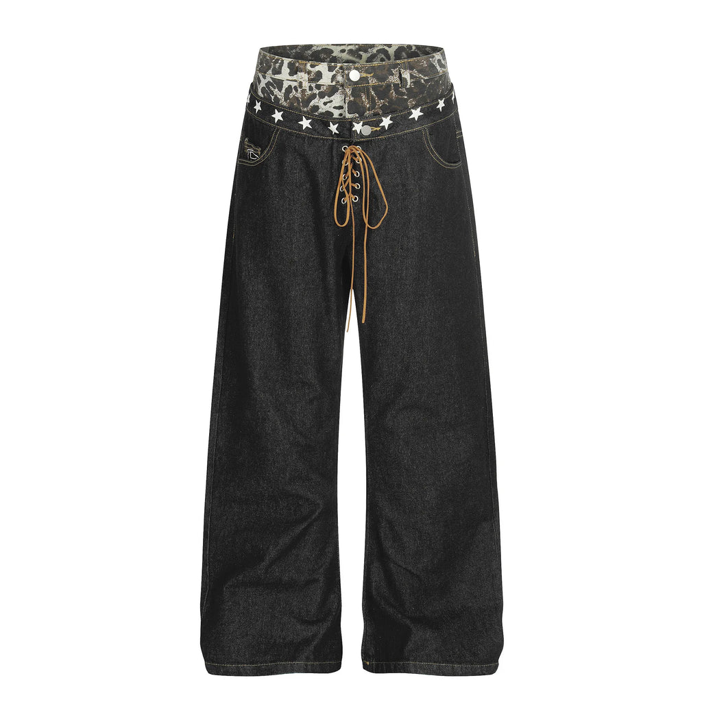 Mens Jeans Double Waist Tie Strap Curved Leg Denim Pants Harajuku Unisex Loose Fit Straight Leg Stack Design Streetwear Fashion