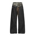 Mens Jeans Double Waist Tie Strap Curved Leg Denim Pants Harajuku Unisex Loose Fit Straight Leg Stack Design Streetwear Fashion