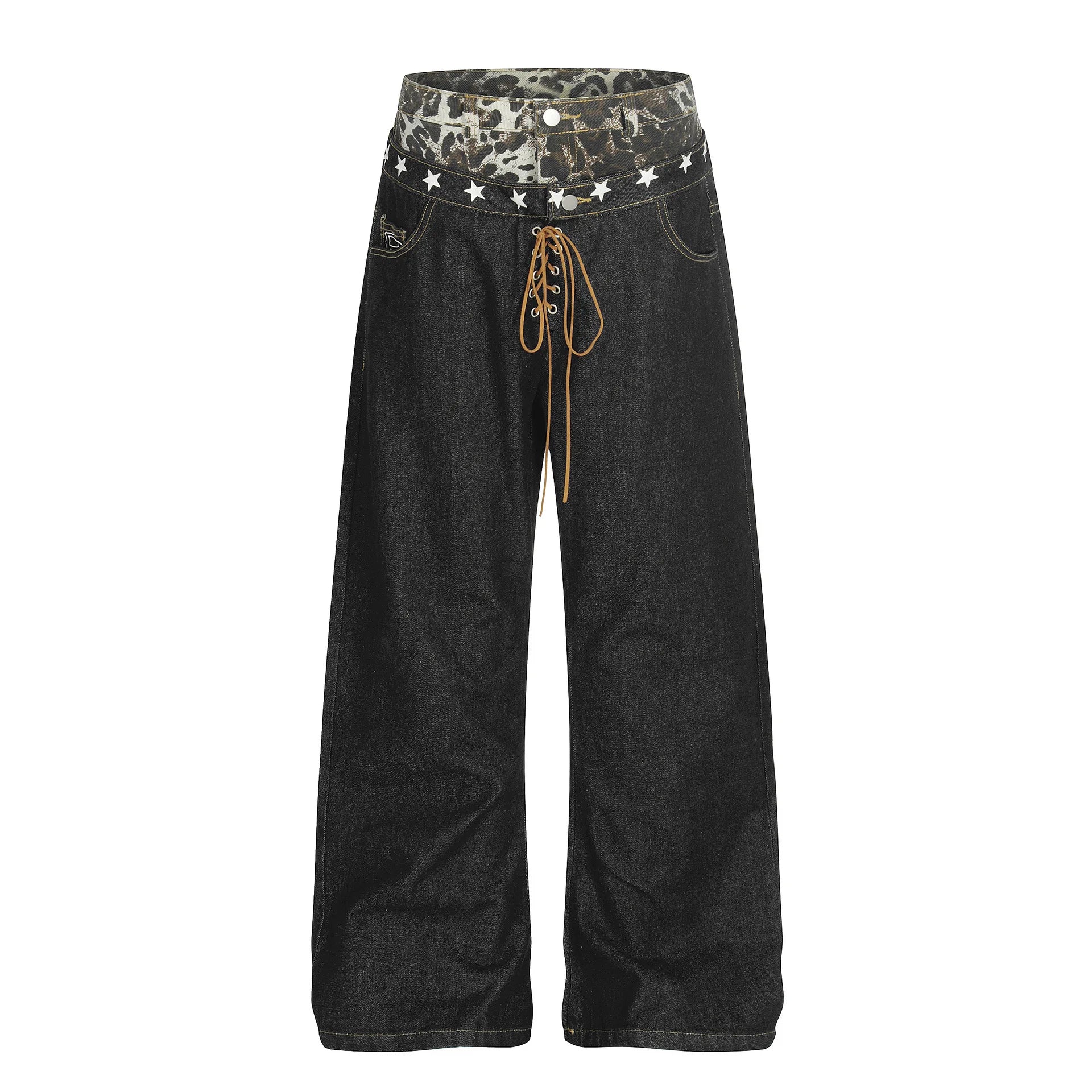 Mens Jeans Double Waist Tie Strap Curved Leg Denim Pants Harajuku Unisex Loose Fit Straight Leg Stack Design Streetwear Fashion