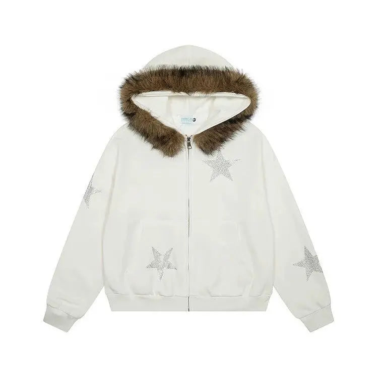 American Vintage Star Rhinestone Zip Up Hoodie Women Men Fur Collar Detachable Design Loose Winter Warm Y2K Streetwear Jacket