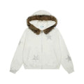 American Vintage Star Rhinestone Zip Up Hoodie Women Men Fur Collar Detachable Design Loose Winter Warm Y2K Streetwear Jacket