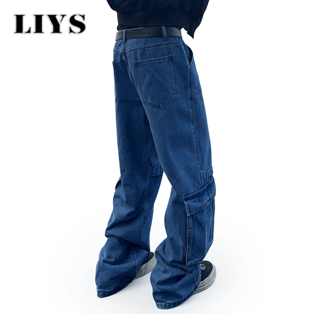 LIYS Men's Cargo Multi Pocket Workwear Jeans Solid Color Baggy Straight Leg Denim Pants Baggy Jeans Man Work Clothes Goth Pants