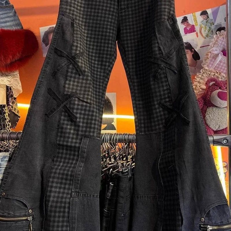Mens Jeans Y2K Dark Plaid Patchwork Flared Denim Pants Harajuku Unisex Loose Fit Vintage Streetwear Casual Fashion Trend Arrival