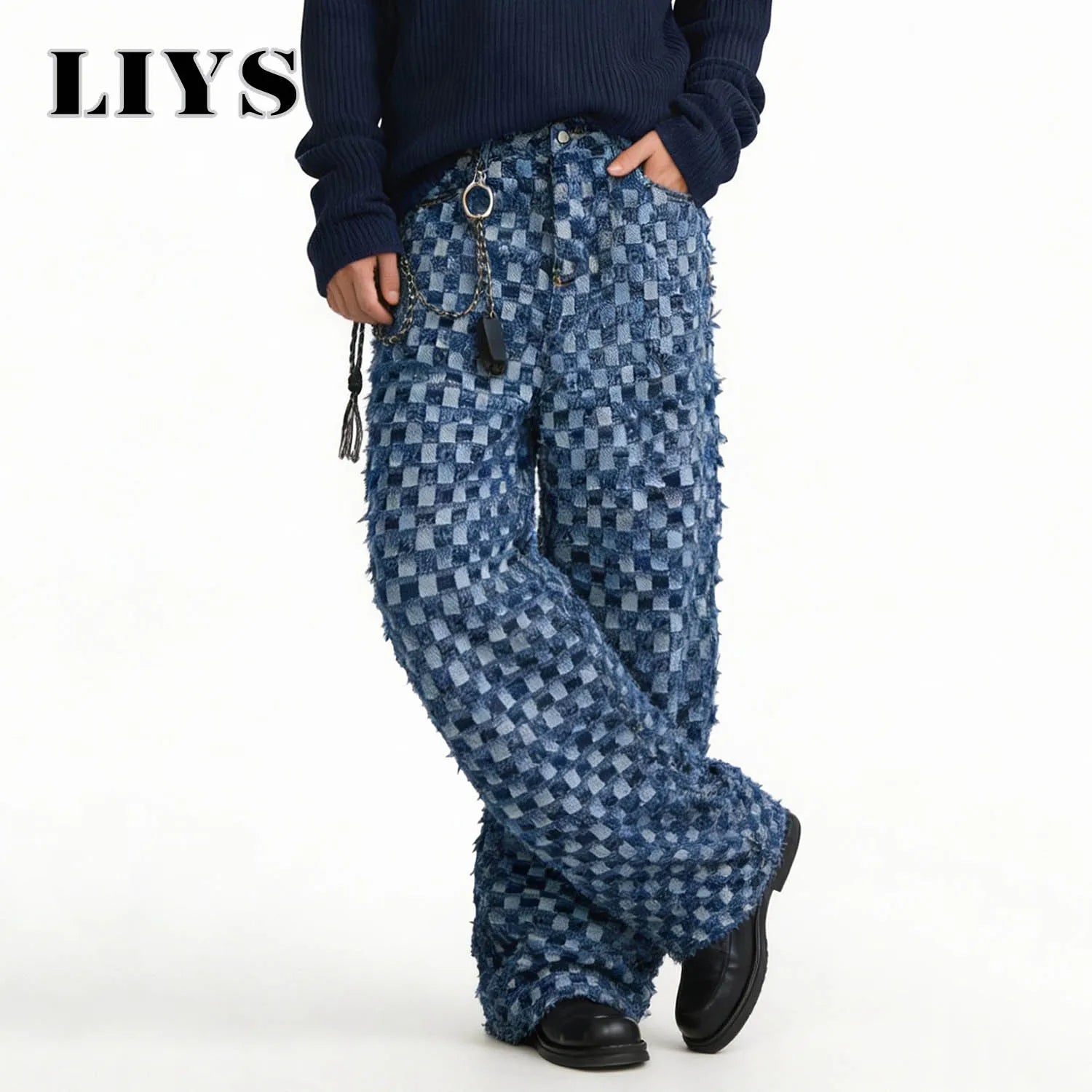 LIYS Japanese Korean Style Checkerboard Jacquard Baggy Wide-leg Jeans Trend Jacquard Casual straight leg Denim Pants Unisex