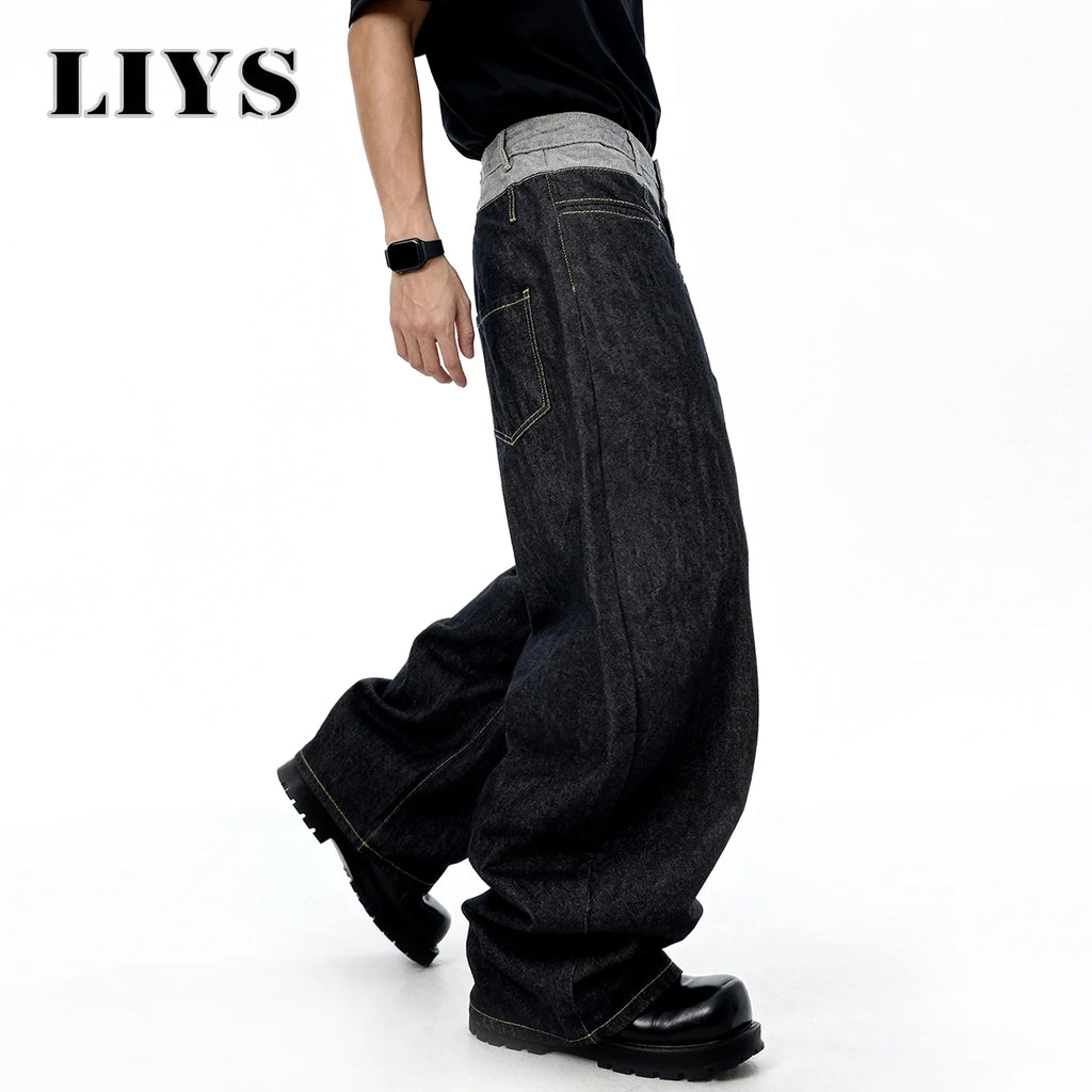 Men's Retro Double Waist Design Baggy Wide Leg Jeans Street Design Denim Pants Gothic loose Machete Wide Leg Jean Unisex Clothes