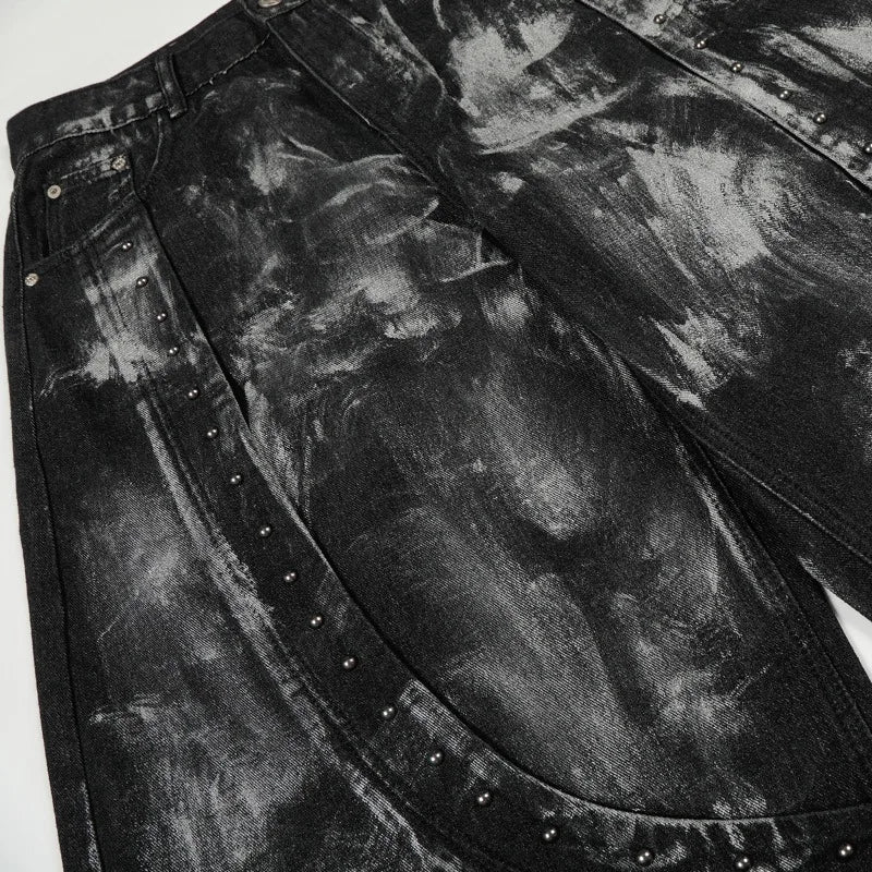 Mens Jeans Harajuku American High Street RO Style Washed Dirty Dye Denim Pants Rivet Wide Leg Loose Fit Vintage Streetwear Trend