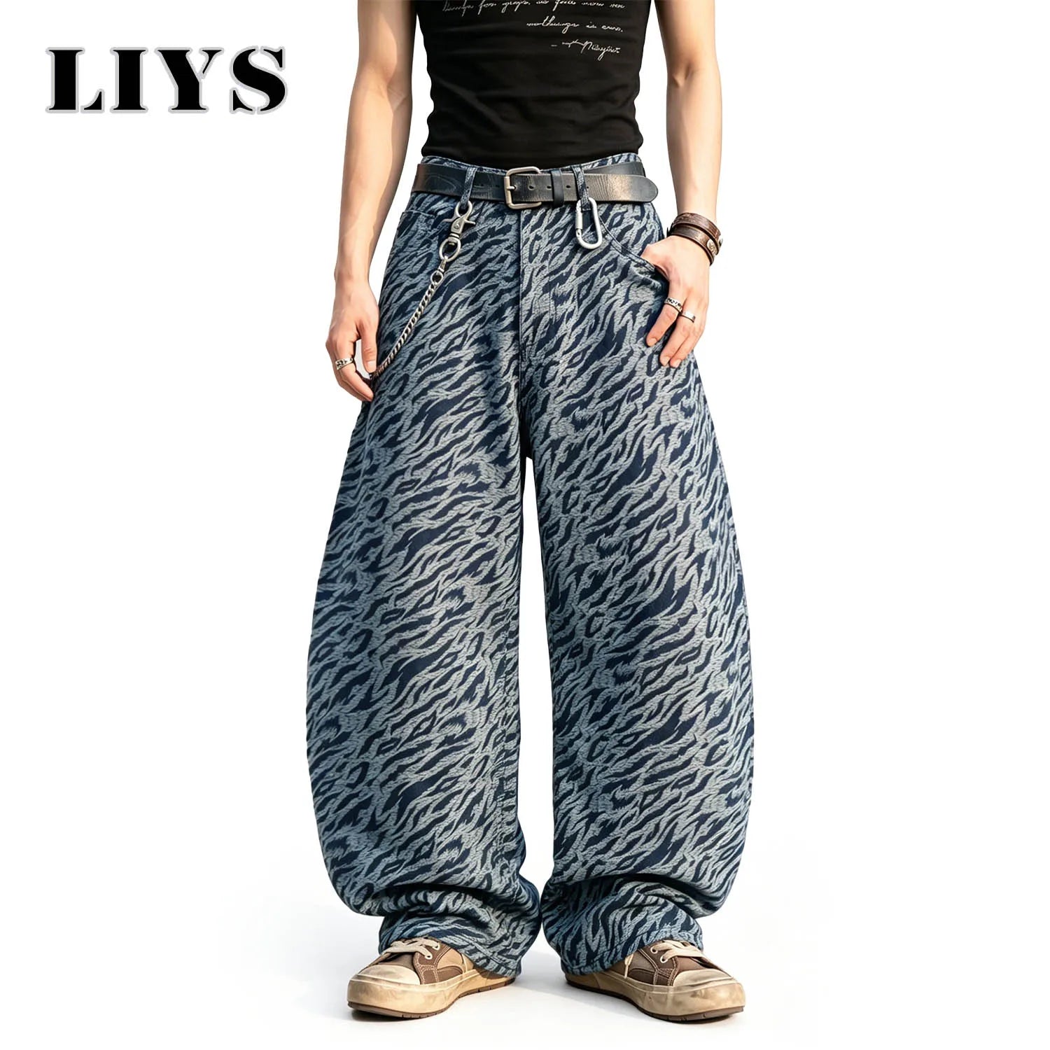 LIYS Men's American Retro Zebra Print High Street Casual Fashion Versatile Slimming Loose Oversized Wide Leg Pants Street Style