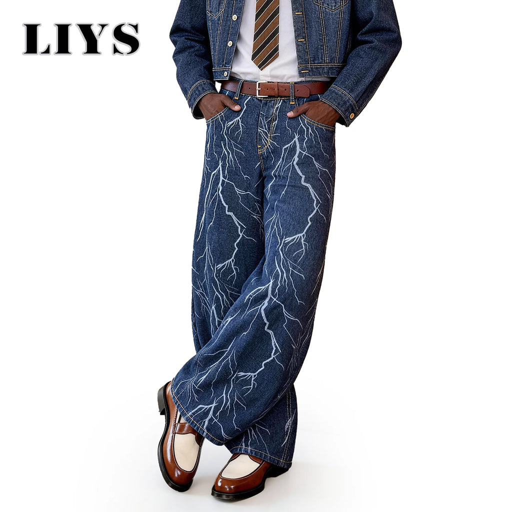 LIYS American Retro Blue Jacquard Baggy Machete Wide-Leg Jeans Daily High Street  Couple Balloon Denim Pants Casual Lantern Pant