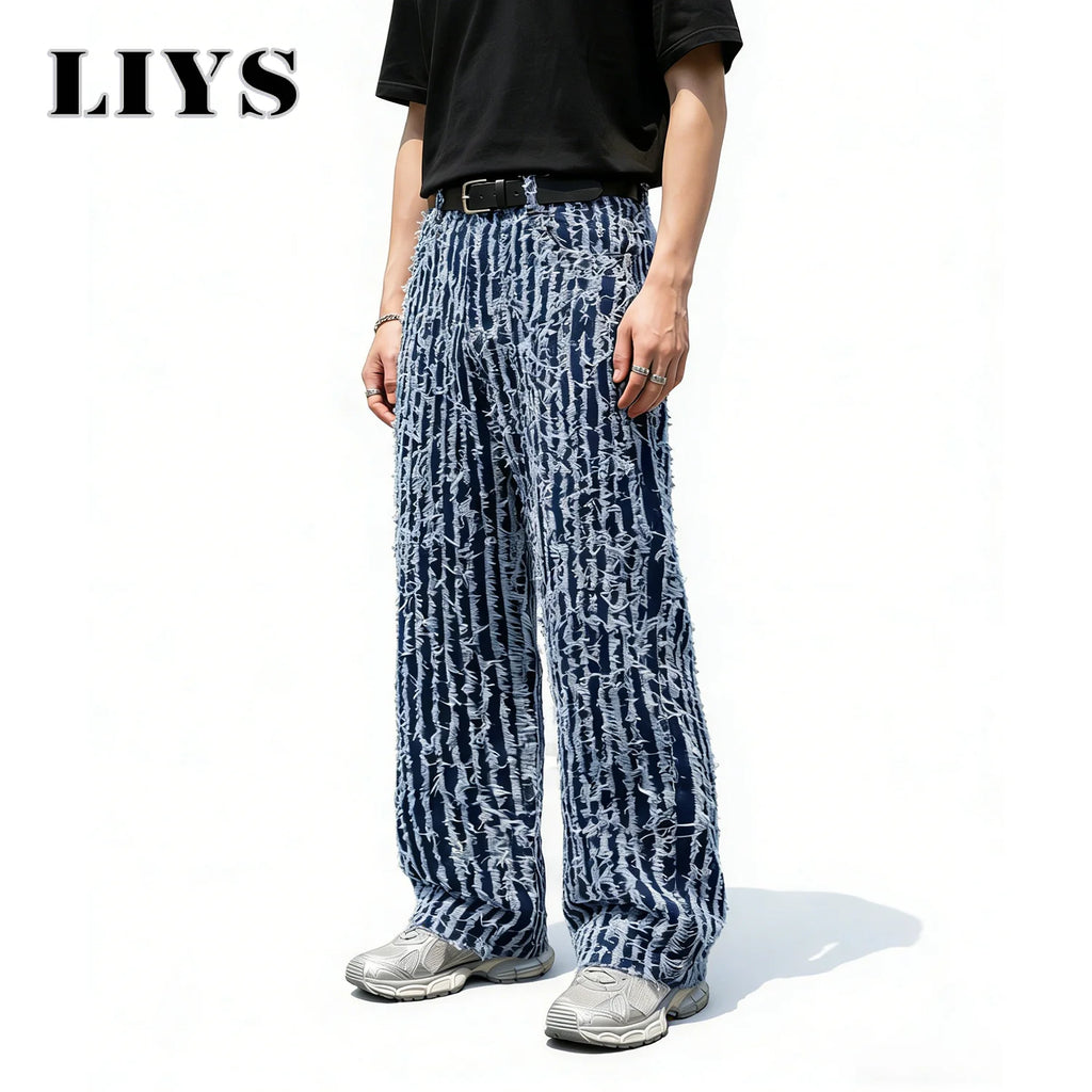 LIYS Japanese-Korean Jacquard Dark Blue Stripes Tassels Ultra Baggy Wide-leg Jeans Stylish Jacquard Baggy Wide-leg Denim Pants