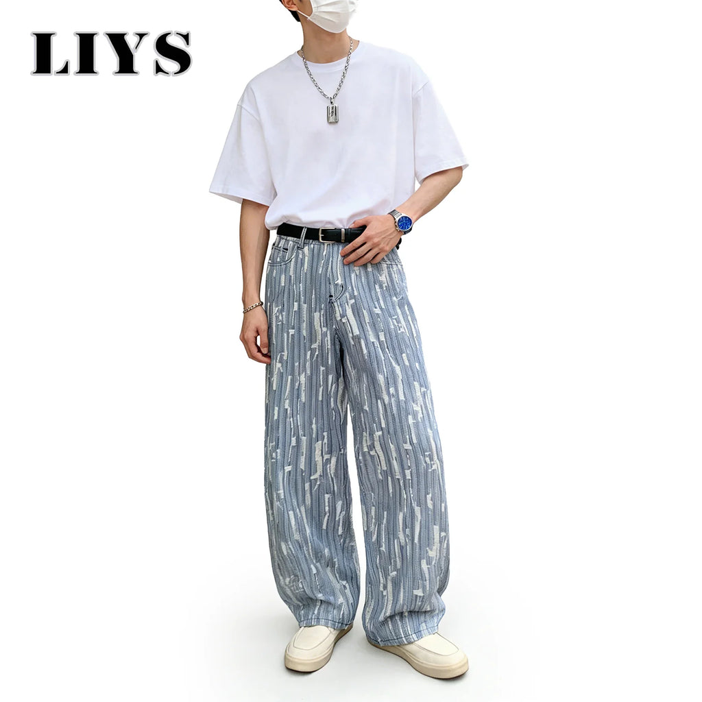 LIYS Men's Vertical Striped Jacquard Baggy Wide Leg Jeans Retro Business Casual Pants Spring Summer Street Fashion Trendy Style