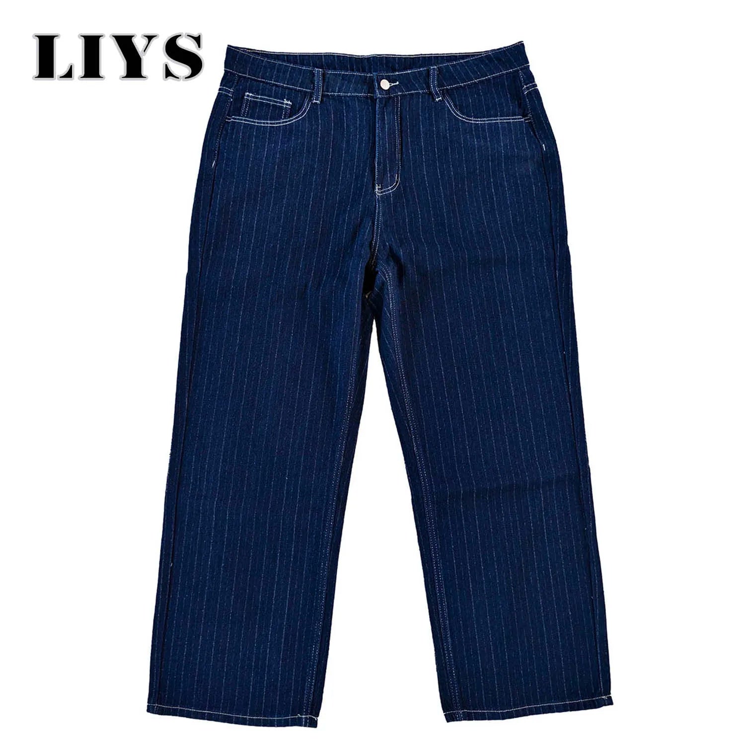 LIYS Japanese-Korean Style Striped Pair Jacquard Straight Leg Men's Jeans American Retro Striped Business Straight Denim Pants