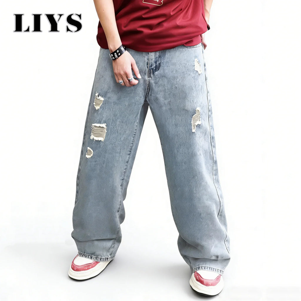 LIYS American Retro Men's Ultra Baggy Wide Leg Jeans High Street Oversized Loose Ripped Denim Pants Light Color Simple Jeans