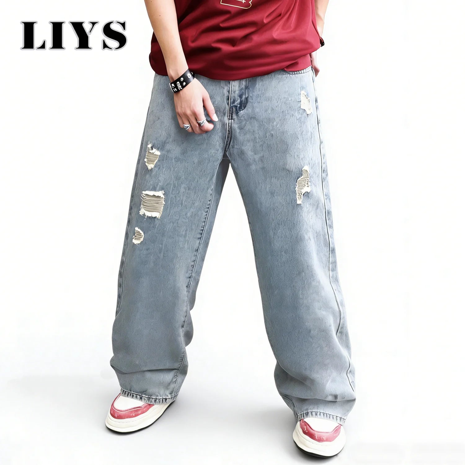 LIYS American Retro Men's Ultra Baggy Wide Leg Jeans High Street Oversized Loose Ripped Denim Pants Light Color Simple Jeans