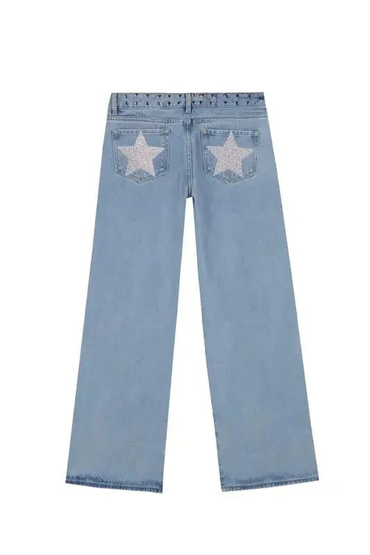 Mens Jeans Gothic Five Pointed Star Sequined Rivet Baggy Denim American Fashion Casual Mid Rise Slim Trousers Harajuku Style New