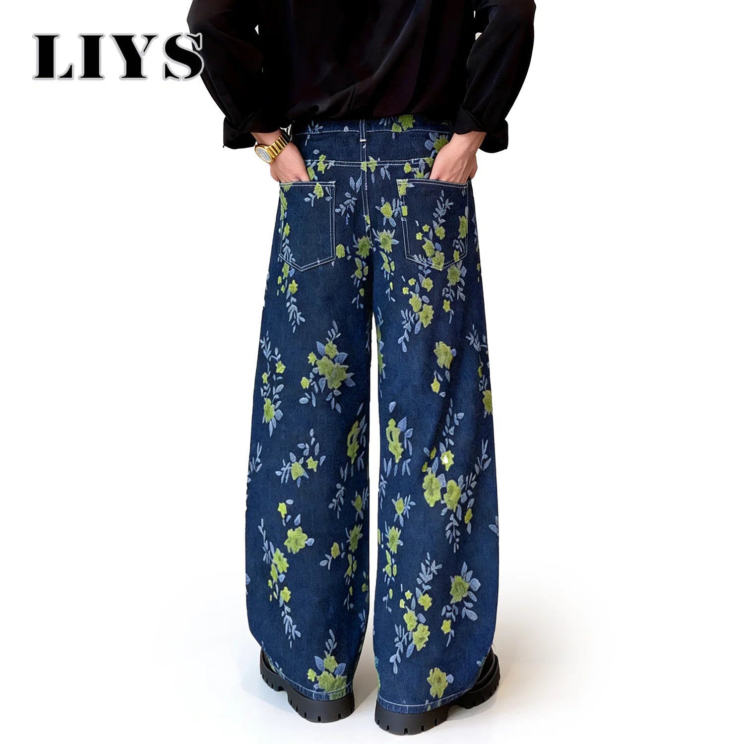 LIYS Japanese-Korean Style Floral Jacquard Fabric Baggy Wide-leg Jeans American Retro Floral Jacquard Fabric Wide-leg Denim Pant