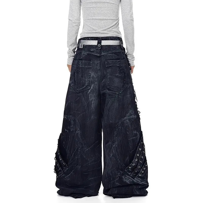 Mens Jeans Harajuku American Vibe Heavy Studded Denim Pants Plus Size Frayed Patchwork Wide Leg Floor Length Streetwear Fashion