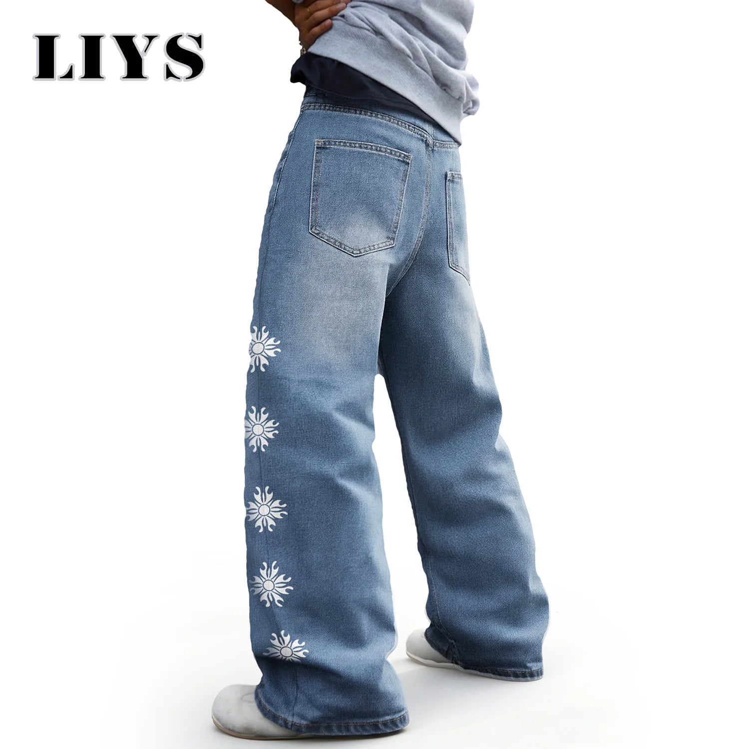 LIYS American Streetwear Floral Pattern Printed Baggy Wide-Leg Men's Jeans Simple Washed Light Blue Casual Denim Pants Unisex